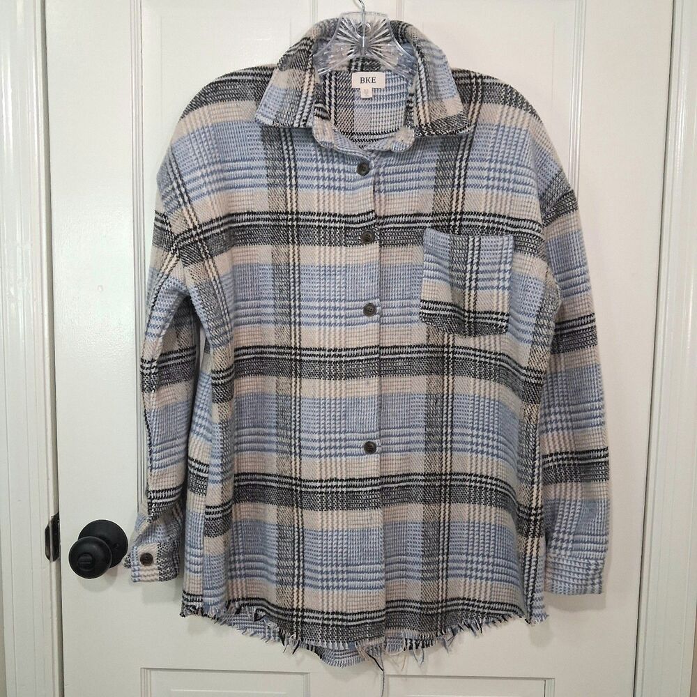 BKE Womens Plaid Shacket XS Blue Cream Frayed Raw Hem Flannel Button Up Shirt